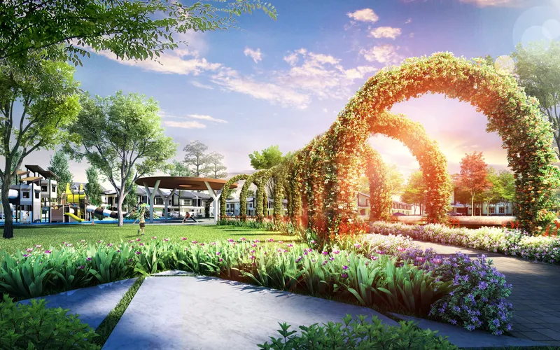 Landscaped central park and garden arch at Taman Mutiara Maju