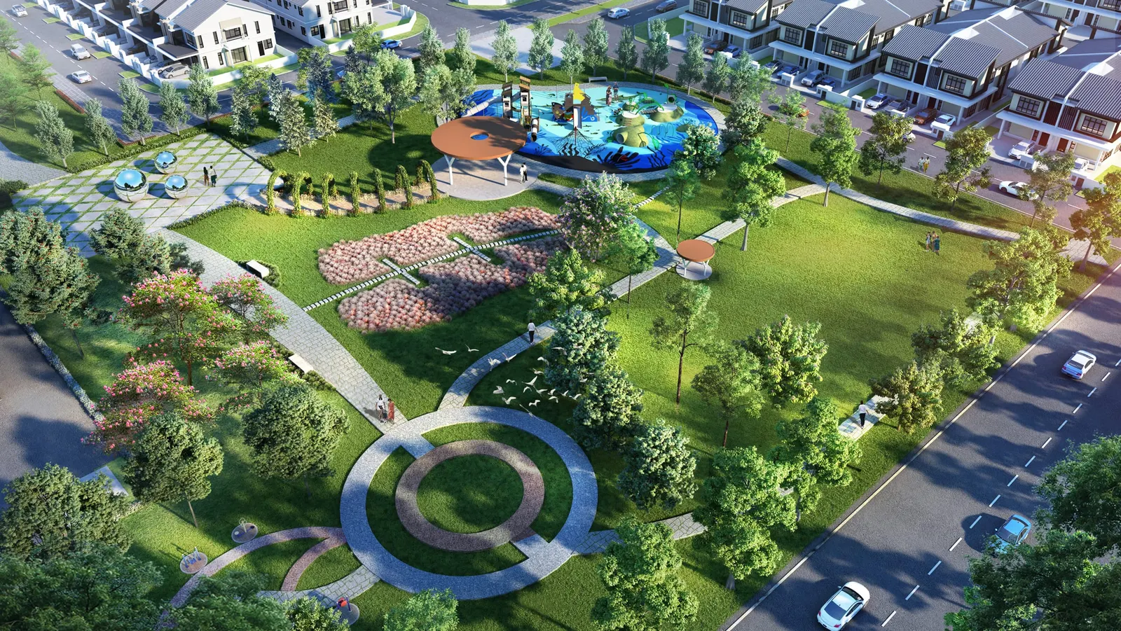 Aerial render of Taman Mutiara Maju central park and homes