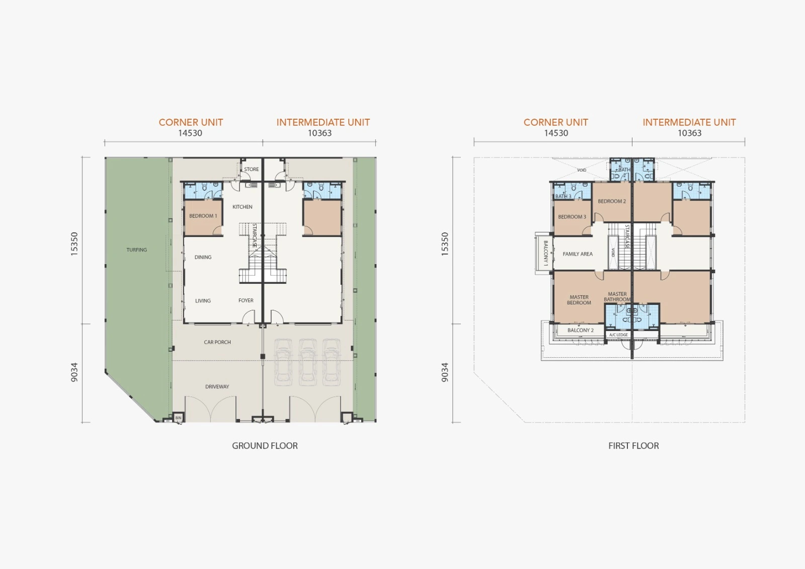 LUXE Villas I Phase 5 floor plan showing corner and intermediate units