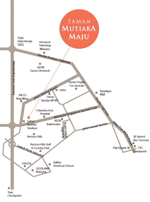 Illustrated regional connectivity map centred on Taman Mutiara Maju