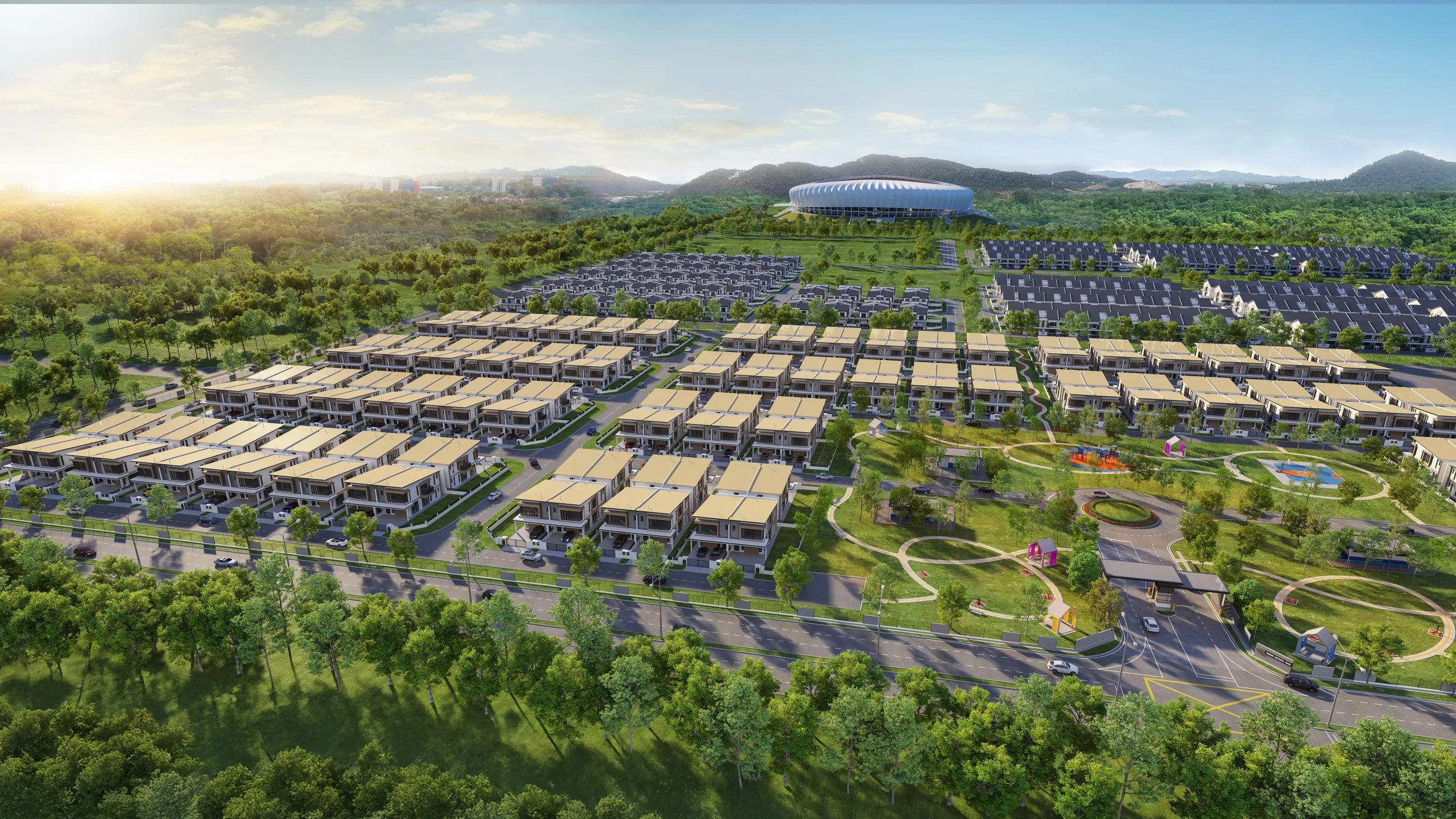 Bird's-eye view of LUXE Villas I homes and Central Park artist's impression